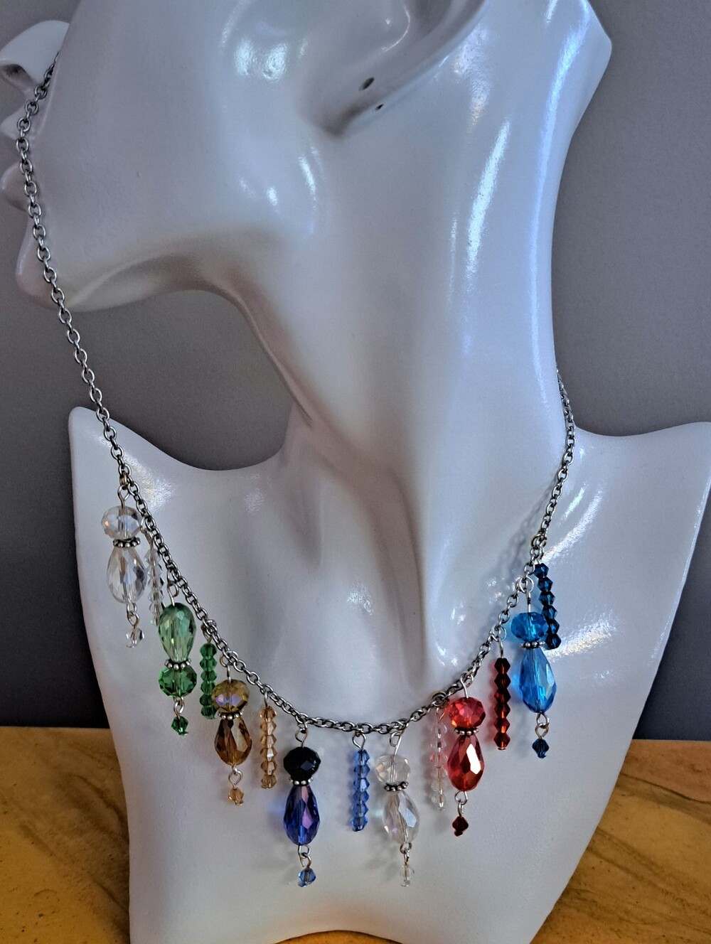 Multicolor Crystal Cha Cha Necklace in Stainless Steel with a Lobster Claw Clasp